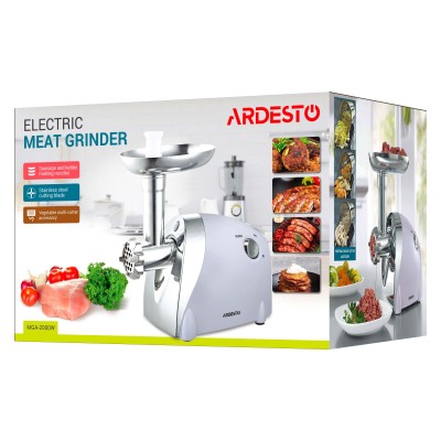 М'ясорубка Ardesto, 2000Вт, продук.-1.9кг/хв, 3 решітки + для ковб., кеббе, 3 терки, пластик, біло-сріблястий (MGA-2000W)