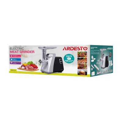 М'ясорубка Ardesto, 2100Вт, 2кг/хв, 3 решітки, насадка для ковбас, кеббе, томатів, 3 терки, бургер-прес, пластик, чорно-срібний 