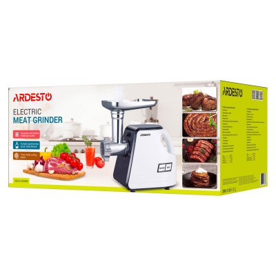 М'ясорубка Ardesto, 2300Вт, продук.-2.2кг/хв, 4 решітки + для ковб., кеббе, насадка для томатів, пластик, біло-чорний (MGA-2300W М'ясорубка Ardesto, 2300Вт, продук.-2.2кг/хв, 4 решітки + для ковб., кеббе, насадка для томатів, пластик, біло-чорний (MGA-2300W