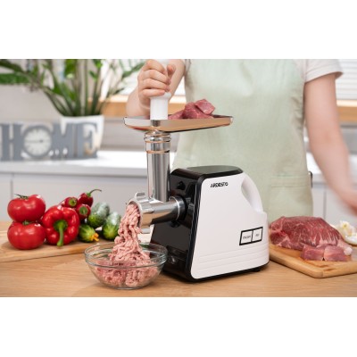 М'ясорубка Ardesto, 2300Вт, продук.-2.2кг/хв, 4 решітки + для ковб., кеббе, насадка для томатів, пластик, біло-чорний (MGA-2300W М'ясорубка Ardesto, 2300Вт, продук.-2.2кг/хв, 4 решітки + для ковб., кеббе, насадка для томатів, пластик, біло-чорний (MGA-2300W