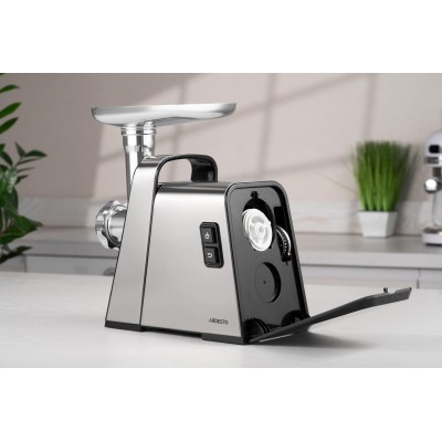 М'ясорубка Ardesto, 2400Вт, 2.2кг/хв, 3 решітки, насадка для ковбас, кеббе, томатів, 4 терки, пластик, чорно-срібний (MGK-2400)
