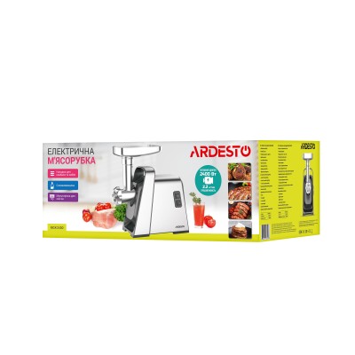 М'ясорубка Ardesto, 2400Вт, 2.2кг/хв, 3 решітки, насадка для ковбас, кеббе, томатів, 4 терки, пластик, чорно-срібний (MGK-2400)