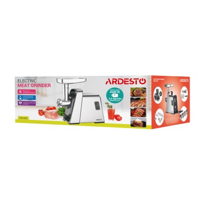 М'ясорубка Ardesto, 2400Вт, 2.2кг/хв, 3 решітки, насадка для ковбас, кеббе, томатів, 4 терки, пластик, чорно-срібний (MGK-2400)