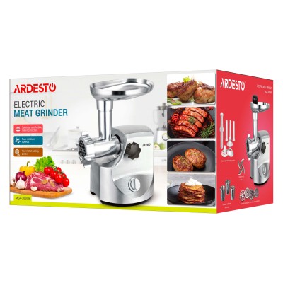 М'ясорубка Ardesto, 3000Вт, продук.-2.6кг/хв, 4 решітки + для ковб., кеббе, 3 терки, метал, сріблястий (MGA-3000W) М'ясорубка Ardesto, 3000Вт, продук.-2.6кг/хв, 4 решітки + для ковб., кеббе, 3 терки, метал, сріблястий (MGA-3000W)