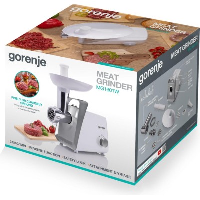 М'ясорубка Gorenje, 1600Вт, 2,2кг/хв, 2 решітки, пластик, білий (MG1601W)