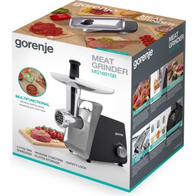 М'ясорубка Gorenje, 1600Вт, 2,2кг/хв, 2 решітки, пластик+метал, чорний (MG1601SB)