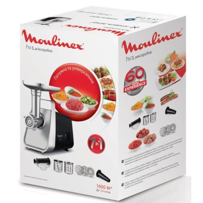 М'ясорубка Moulinex, 1600Вт, 1.9кг/хв, 3 решітки, насадка для ковбас, томатів, 3 терки, пластик/мет, чорно-срібний (ME307832)