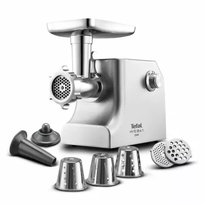 М'ясорубка Tefal HV10 8in1, 2200Вт, 5.5кг/хв, 3 решітки, насадка для ковбас, кеббе, 3 терки, метал (NE858D38)