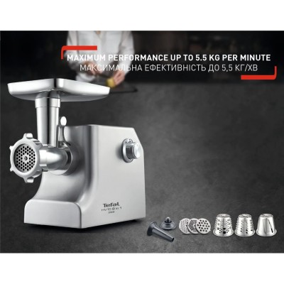 М'ясорубка Tefal HV10 8in1, 2200Вт, 5.5кг/хв, 3 решітки, насадка для ковбас, кеббе, 3 терки, метал (NE858D38) М'ясорубка Tefal HV10 8in1, 2200Вт, 5.5кг/хв, 3 решітки, насадка для ковбас, кеббе, 3 терки, метал (NE858D38)