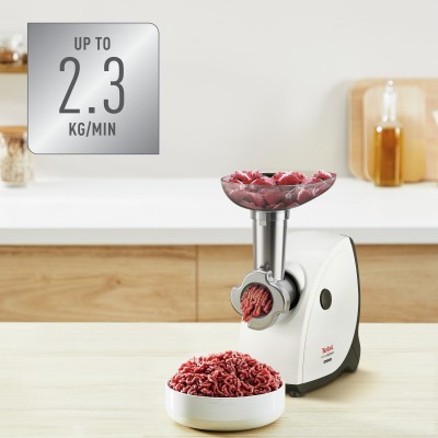 М'ясорубка Tefal HV4, 2000Вт, 2.3кг/хв, 3 решітки, насадка для ковбас, кеббе, томатів, пластик, біло-чорний (NE463138)