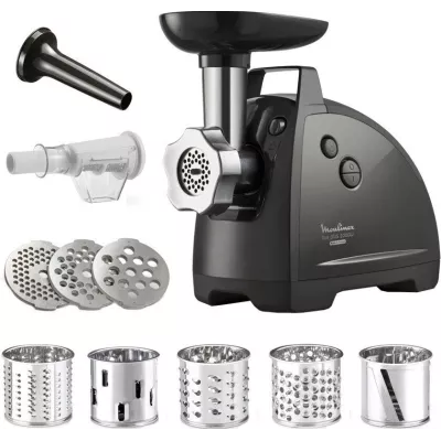 М'ясорубка Tefal HVB Plus, 2000Вт, 2.6кг/хв, 3 решітки, насадка для ковбас, кеббе, томатів, 5 терок, пластик/метал, чорний (NE68