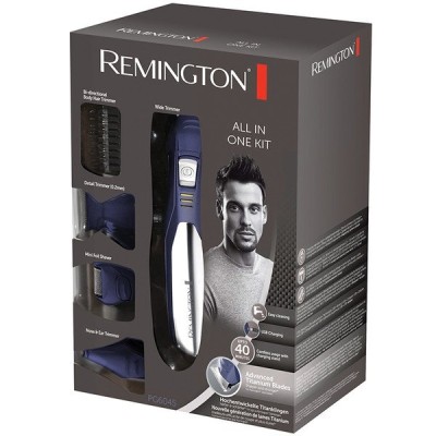 Набір для стрижки Remington All in one kit, для бороди, вусів, голови і тіла, мережа+акум., насадок-11, титан.напил., синьо-сріб