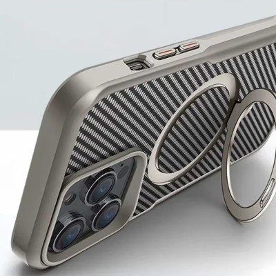 TPU+PC чохол Metal Buttons with MagSafe Carbon Ring для Apple iPhone 15 Pro (6.1") Сірий