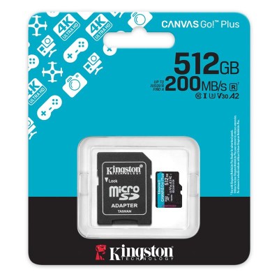 Карта пам'яті Kingston microSD 512GB C10 UHS-I U3 A2 V30 R200/W160MB/s + SD (SDCG4/512GB)
