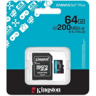 Карта пам'яті Kingston MicroSDXC 64GB Canvas Go Plus Gen4 200MB/s A2 U3 V30 + SD-адаптер (SDCG4/64GB)