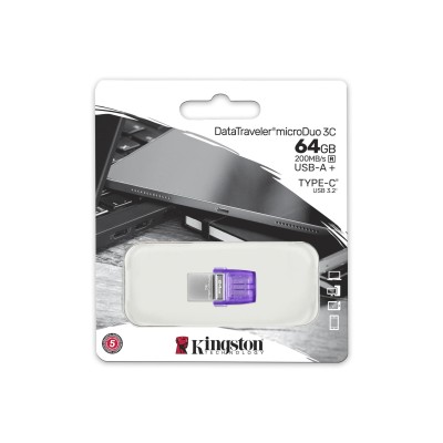 Накопичувач Kingston 64GB USB 3.2 Type-A Gen1 + Type-C DT microDuo 3C R200MB/s (DTDUO3CG3/64GB)
