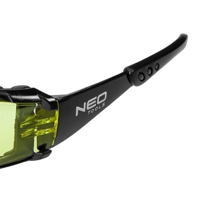 Окуляри захисні Neo Tools протиосколкові, клас захисту FT, резинові дужки, полікарбонат, жовтий (97-521)
