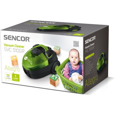 Пилосос Sencor контейнерний Allegro, 890Вт, конт пил -1.5л, НЕРА, чорно-зелений (SVC510GR-EUE2)