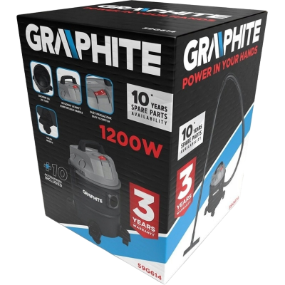 Пилосос професійний GRAPHITE, 1200Вт, 18кПа, контейнер 20л, розетка 220В/1200В, колеса (59G614)
