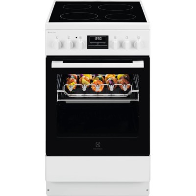 Плита Electrolux електрична склокерамічна, 57л, 50x60см, дисплей, конвекція, мангальна підставка, білий (LKR540267W)