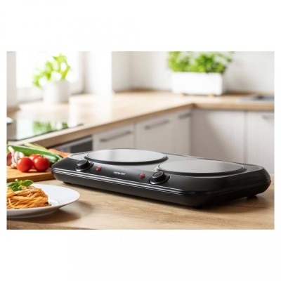 Плитка настільна Sencor електрична, комфорок - 2 на 1.2кВт + 1.2кВт, керування - мех., Hi - Light, чорний (SCP2263BK)