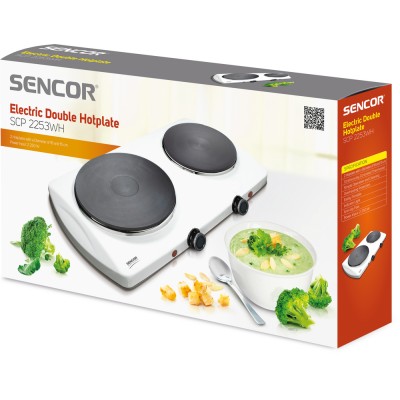Плитка настільна Sencor електрична, комфорок - 2 на 1.5кВт + 1кВт, 15 і 18 см, керування - мех., білий (SCP2253WH-EUE4)