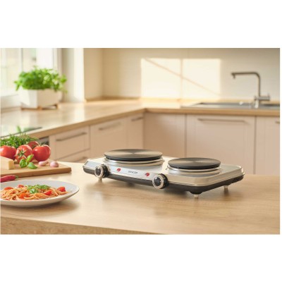 Плитка настільна Sencor електрична, комфорок - 2 на 1.5кВт + 1кВт, 15 і 18 см, керування - мех., нерж. сталь (SCP2256SS)