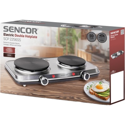 Плитка настільна Sencor електрична, комфорок - 2 на 1.5кВт + 1кВт, 15 і 18 см, керування - мех., нерж. сталь (SCP2256SS)