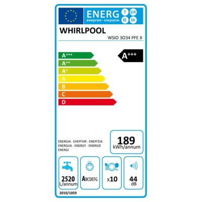 Посудомийна машина Whirlpool вбудована, 10компл., A+++, 45см, дисплей, інвертор, 3й кошик, білий (WSIO3O34PFEX)