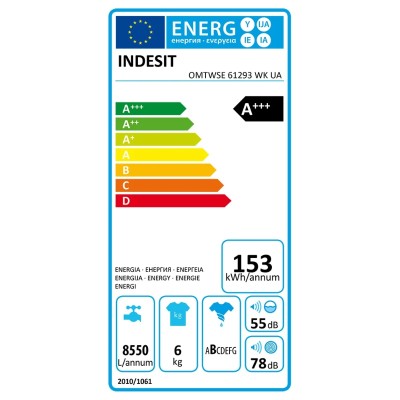 Пральна машина Indesit фронтальна, 6кг, 1200, A+++, 43см, дисплей, інвертор, люк чорний, білий (OMTWSE61293WKUA)