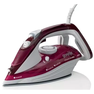 Праска Gorenje, 3000Вт, 350мл, паровий удар-105гр, верт. відпарювання, антинакип, автовідключення, керам. підошва, бардово-білий