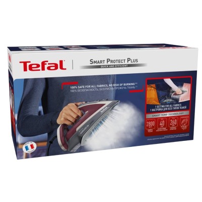 Праска Tefal Smart Protect Plus, 2800Вт, 270мл, паровий удар -260гр, постійна пара - 40гр, керам. підошва, сіро-бордовий (FV6870