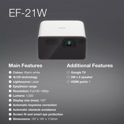 Проєктор Epson EF-21W FHD, 1000 lm, LASER, 1, Google TV, Diamond White (V11HB35040)