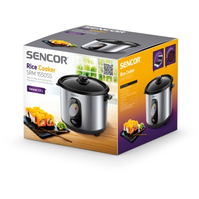 Рисоварка Sencor, 500Вт, чаша-1,5л, електр. керування , знімна кришка, нерж. сталь, сірий (SRM1550SS)
