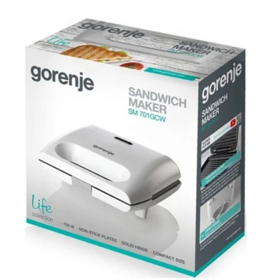 Сендвічмейкер Gorenje 700Вт, алюміній, 1 пластина-гриль , корпус-пластик, білий (SM701GCW)