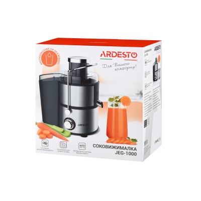 Соковитискач Ardesto відцентрований 1000Вт, чаша-0.5л, жмих-1.5л, пластик/метал, сріблясто-чорний (JEG-1000)