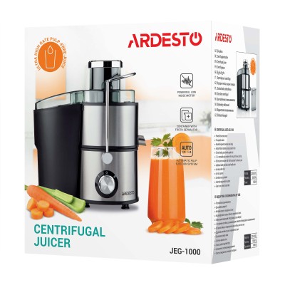 Соковитискач Ardesto відцентрований 1000Вт, чаша-0.5л, жмих-1.5л, пластик/метал, сріблясто-чорний (JEG-1000)