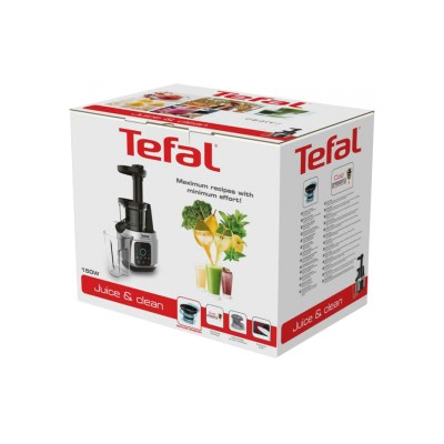 Соковитискач Tefal Juice&Clean шнековий 150Вт, чаша-0.8л, жмих-0.8л, пластик, сріблясто-чорний (ZC420E38)