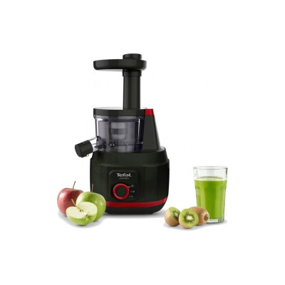 Соковитискач Tefal Juiceo шнековий 150Вт, чаша-0.8л, жмих-0.8л, насадка для цитрусових, пластик, червоно-чорний (ZC150838)