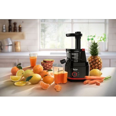 Соковитискач Tefal Juiceo шнековий 150Вт, чаша-0.8л, жмих-0.8л, насадка для цитрусових, пластик, червоно-чорний (ZC150838)