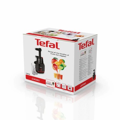 Соковитискач Tefal Juiceo шнековий 150Вт, чаша-0.8л, жмих-0.8л, насадка для цитрусових, пластик, червоно-чорний (ZC150838)