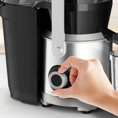 Соковитискач Tefal Nutri XXL відцентрований 1000Вт, чаша-0.8л, жмих-2.2л, жолоб на ціле яблуко, пластик/метал, чорний-нержавіюча