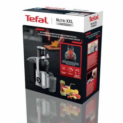 Соковитискач Tefal Nutri XXL відцентрований 1000Вт, чаша-0.8л, жмих-2.2л, жолоб на ціле яблуко, пластик/метал, чорний-нержавіюча