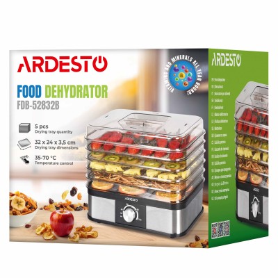 Сушарка для продуктів Ardesto 245Вт, піддонів - 5x3см, макс - 70°С, пластик, чорний+нерж (FDB-52832B)