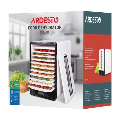 Сушарка для продуктів Ardesto 550Вт, піддонів - 10+1x3см, макс - 70°С, сітка для ягід, пластик, білий (FDB-1138)