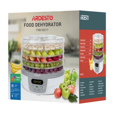 Сушарка для продуктів Ardesto FDB-5321T, 250Вт, піддонів -5x3см, діаметр-32см, макс-70°С, таймер, електр. управління, пластик , 