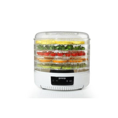 Сушарка для продуктів Gorenje 380Вт, піддонів - 5x2.8см, діаметр - 31см, макс - 70°С, алюміній, пластик, білий (FDK500GCW)