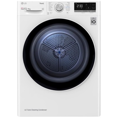 Сушильна машина LG тепловий насос, 9кг, A++, 69см, дисплей, автоматичне очищення конденсатора, білий (DC90V5V0W)