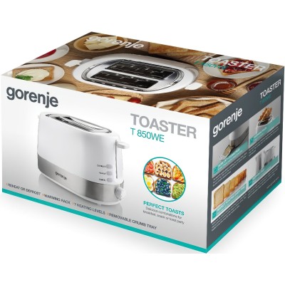 Тостер Gorenje, 850Вт, функц. розморожування, автовідключення, пластик/метал, білий (T850WE)