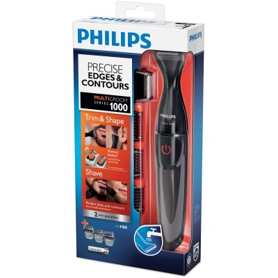 Тример Philips Multigroom series 1000, для бороди і вусів, 1хАА, насадок-4, сталь, чорний (MG1100/16)